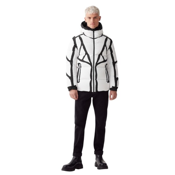 Colmar Reversible Down Puffer Jacket Large Black White Graphic Print Hooded NWT - Picture 2 of 15
